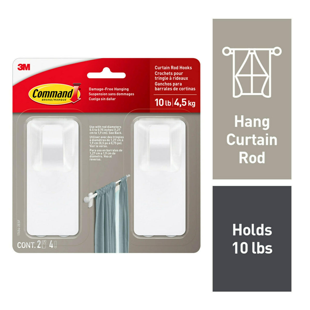 2-Piece 10-lb Matte White Damage Free Curtain Rod Hooks