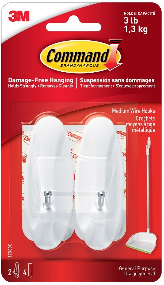 Medium General Purpose Wire Hooks with Adhesive Strips, White, 3-lbs, 2 Strips Per Pack