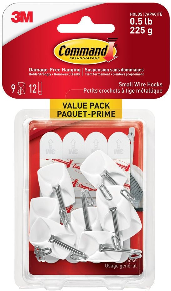 Small Wire Hooks Value Pack with Adhesive Strips, White, 0.5-lbs, 9 Strips per Pack