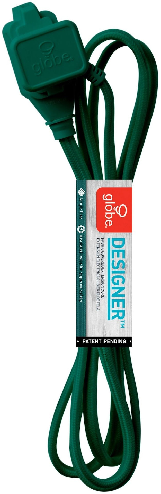 9-ft 16/2 Fabric Extension Cord, Right Angle Plug, 3 Outlets, Green