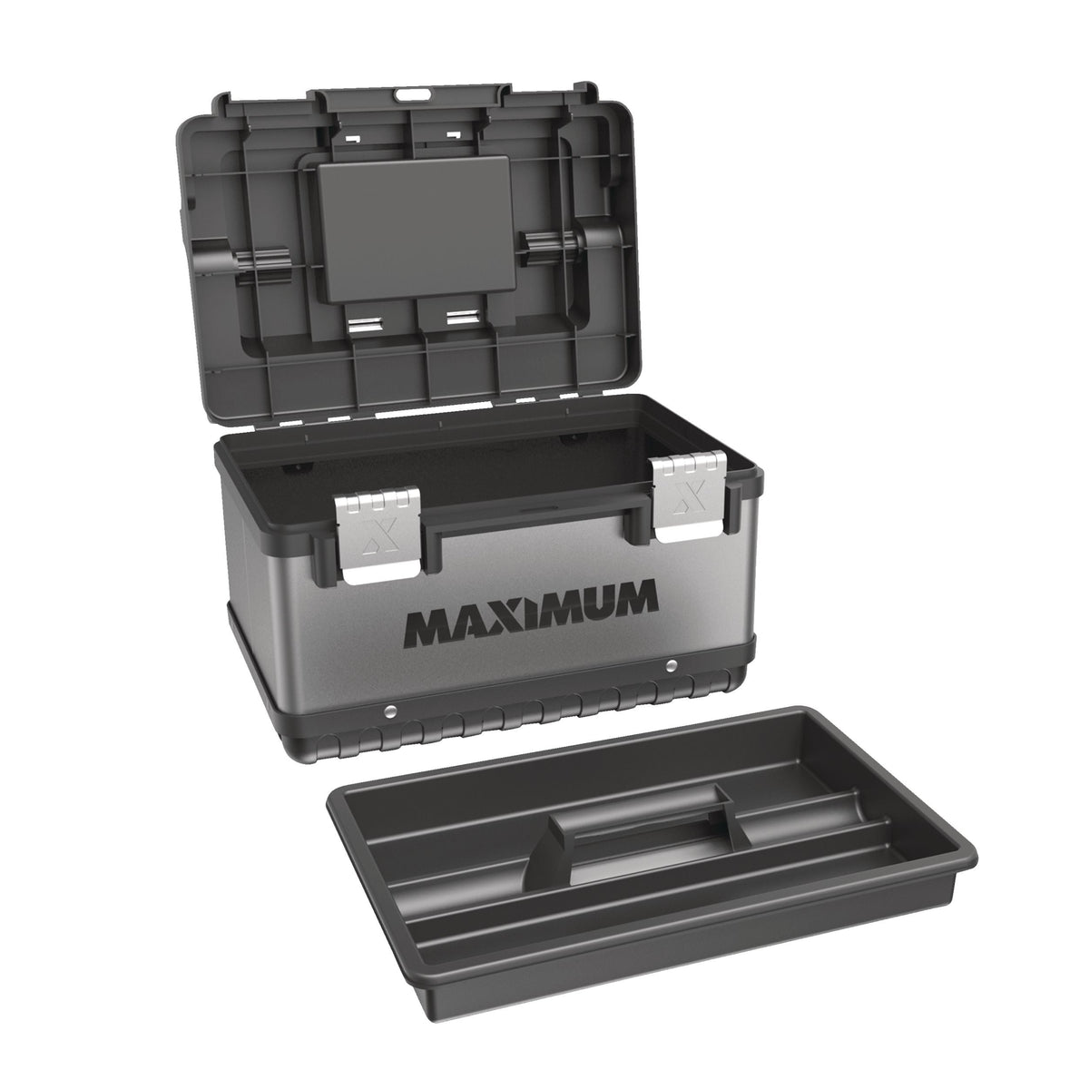 Portable Plastic & Metal Tool Box with Removable Tray & Organizer, Black, 15-in