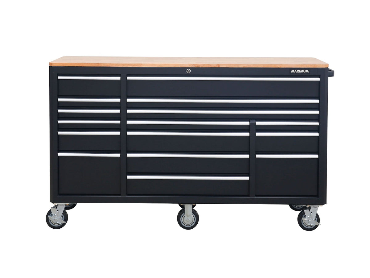 Tool Cabinet with Wood Top and 4-Outlet Power Strip, Black, 74x24-in
