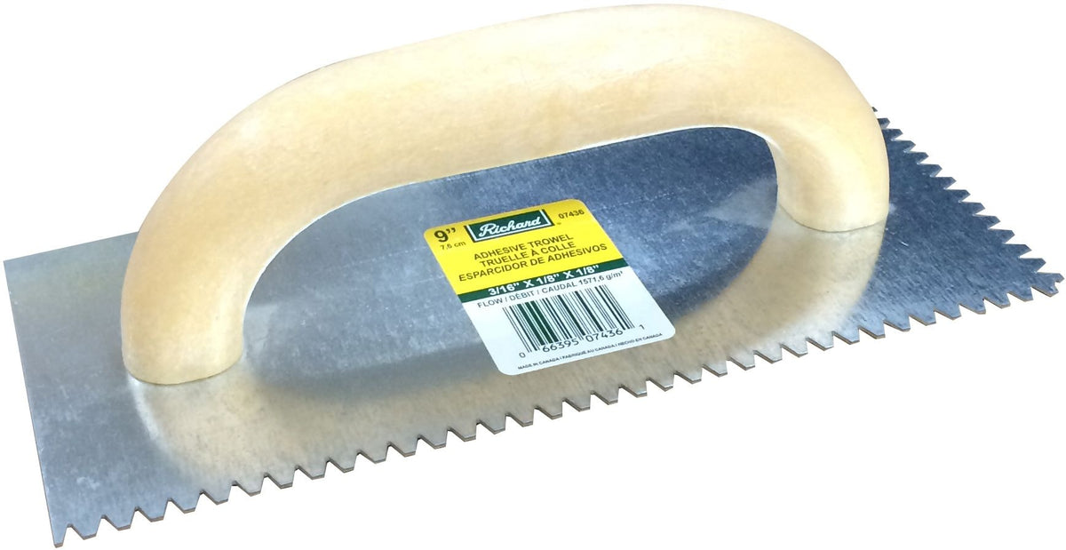 Steel Flat Top V-Notch Adhesive Trowel For Ceramic Tile/Flooring, 3/16 x 1/8-in