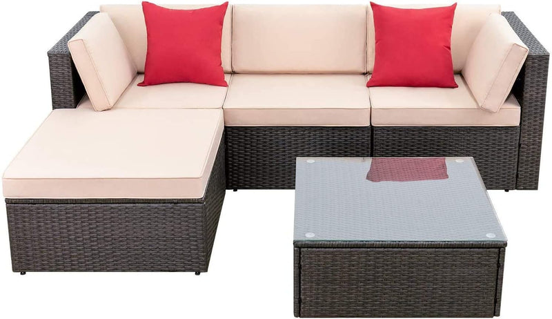 Devoko 5 Pieces Patio Furniture Sets All Weather Outdoor Sectional Patio Sofa Manual Weaving Wicker Rattan Patio Seating Sofas with Cushion and Glass Table(Beige) U4074