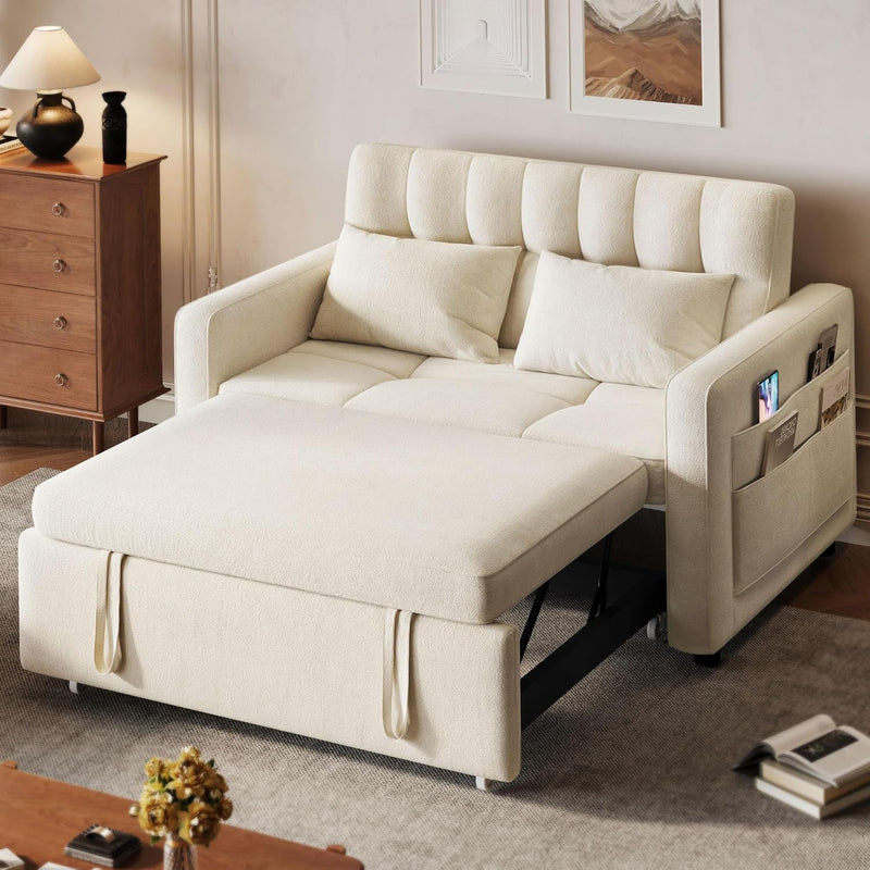 3-in-1 Convertible Sofa Bed, 55" Sleeper Sofa with Pull-Out Bed, Cat-Scratch-Proof Fabric Futon Couch with Adjustable Backrest and Side Pocket, Loveseat Room Apartment, Grey R7706