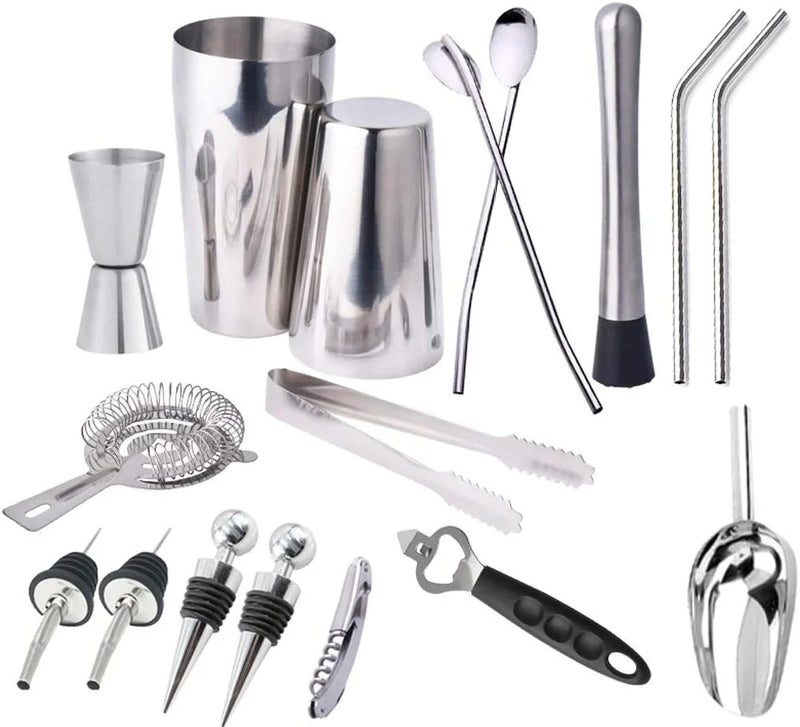 17pc Stainless Steel Cocktail Shaker Set Ice Strainer Clip Mixing Spoon Measure Cup Bar Tools Cocktail Set Can Opener Ice Shovel J3388