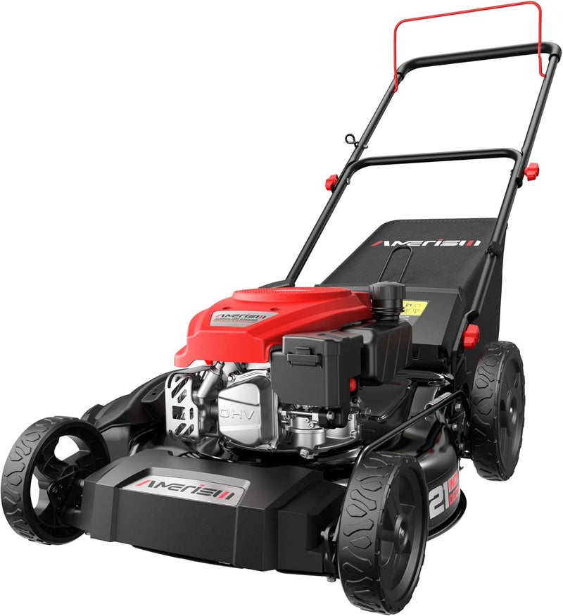 21" Steel Deck Gas Lawn Mower, 3-in-1 Push Mower, 144cc 4-Stroke OHV Engine, 6 Height Adjustment, 1.4 Bushel Grass Catcher with Bagging, Mulching & Side Discharge Efficient for Yard Garden A4544