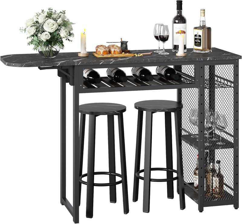 Bar Table and Chair Set, Industrial Expandable Dining Table with 2 Bar Stools, Kitchen Counter with Wine Rack & 3 Tier Adjustable Storage Shelves Rustic Brown C1683