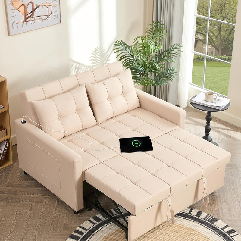 52" Sleeper Sofa with Pull-Out Bed, 3-in-1 Convertible Sofa Bed, Loveseat with Adjustable Backrest and Side Pocket, Room Apartment, Linen, Dark Grey N3385