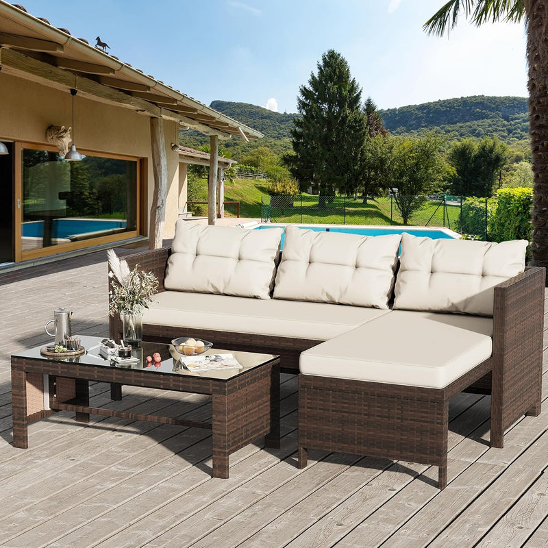 Outdoor Patio Furniture Sets, Wicker Patio sectional Sets 3-Piece, All Weather Wicker Rattan Patio Seating Sofas with Glass Coffee Table and Cushion (Beige) P4559