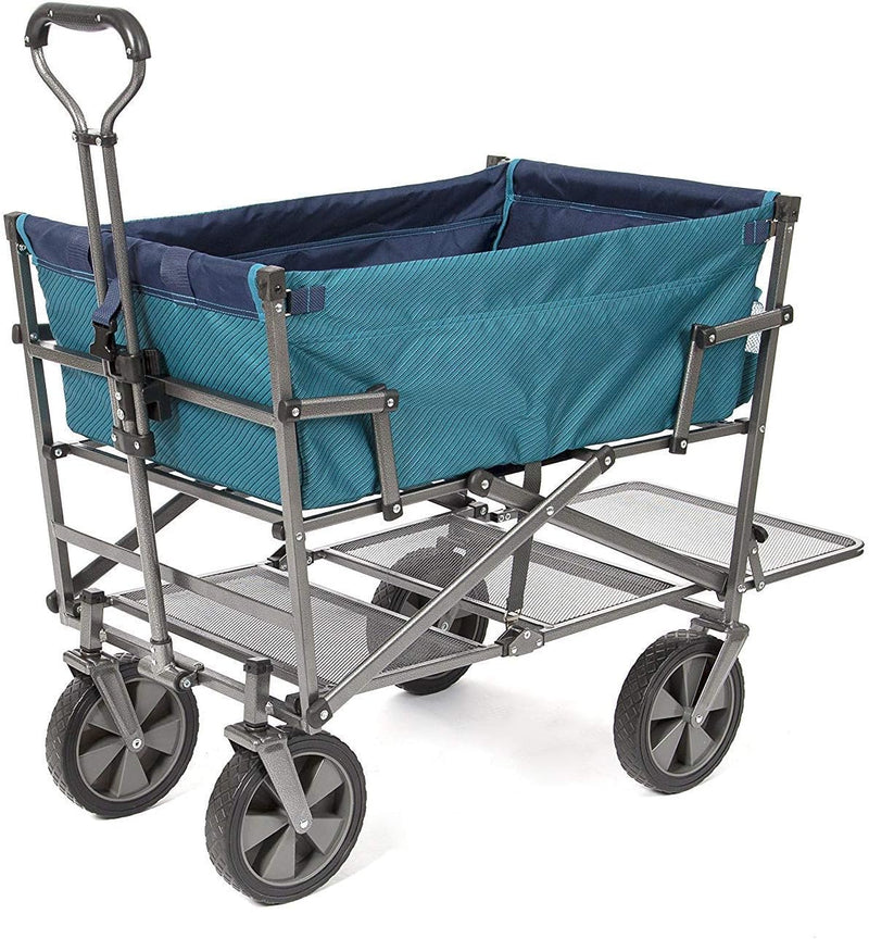 A foldable double-layer outdoor multi-functional truck, equipped with a long lower shelf, in blue-green color. U7209