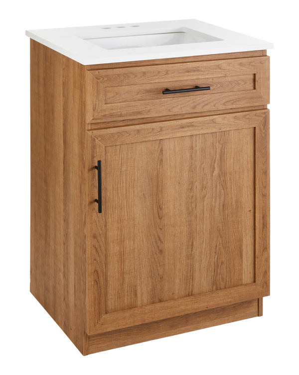 Danville Single Door Single Sink Stone Top Bathroom Vanity, Honey Oak, 24-in M8636