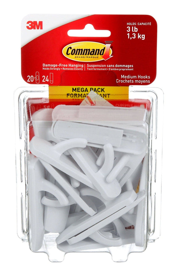 Medium Hooks Mega Pack with Adhesive Strips, White, 3-lbs, 20 Hooks/Pack Q0125