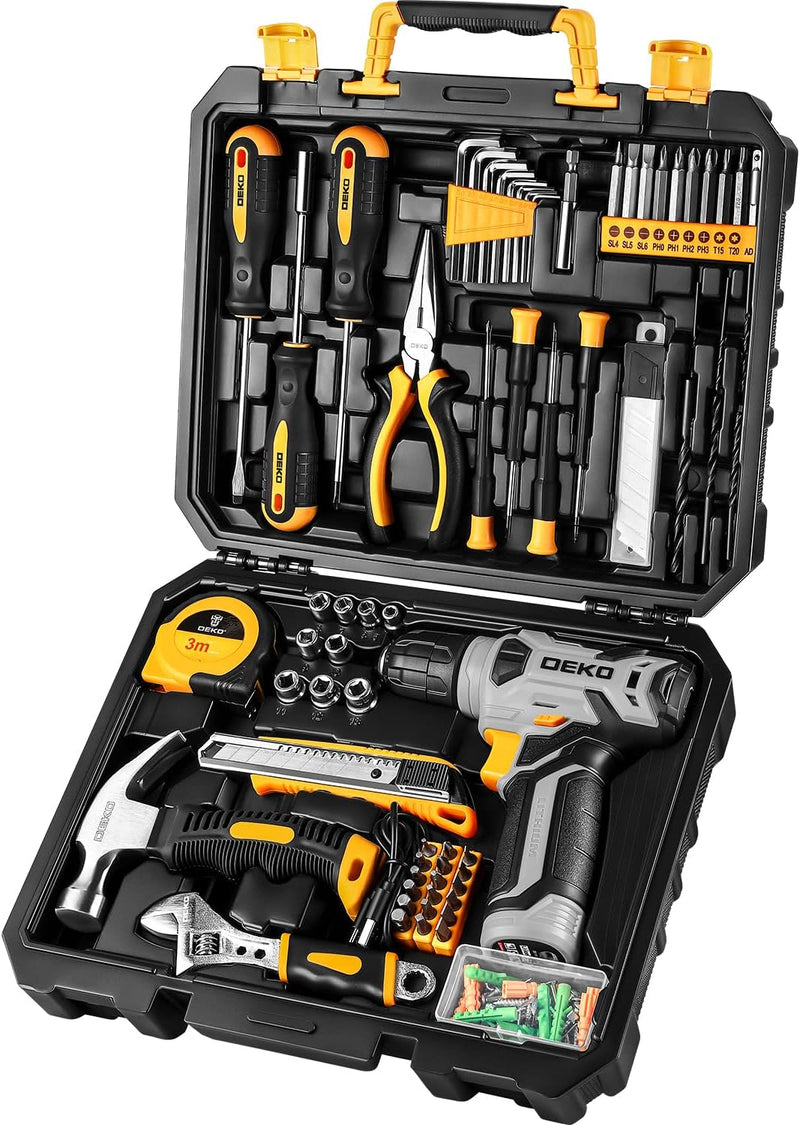 DEKOPRO Tool Set：Tool Kit with 8V Cordless Drill,Tool Box with Drill,Hand Drill Set for Men & Women,Home Tool Kits for House Repair,Handyman,DIY 126 Piece U6843