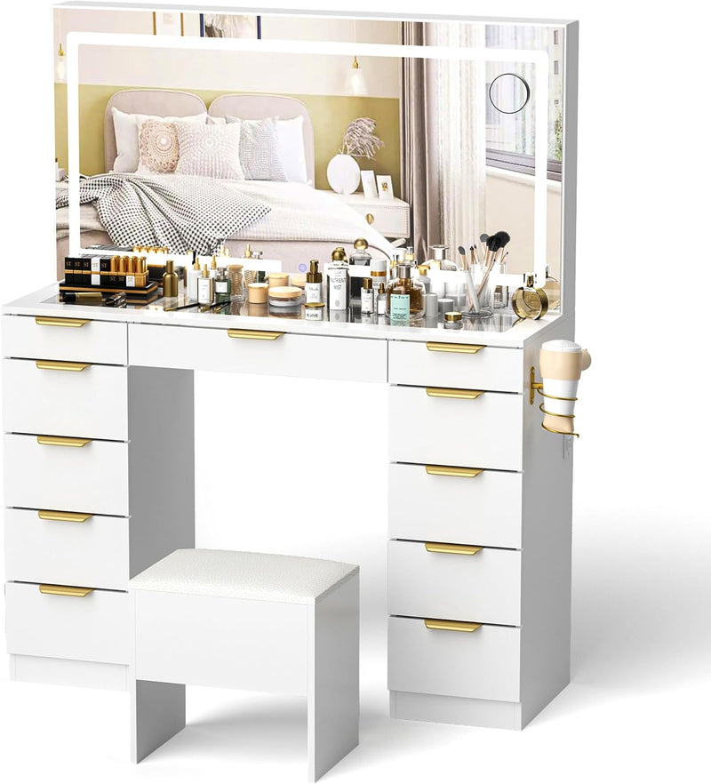 Glass Top Vanity Desk with Mirror and Lights, 11 Drawers Makeup Vanity with Golden Handles, 3 Lighting Modes Upgraded Silent Slides Vanity Desk with Bench, Portable Mirror and Power Putlet B4498