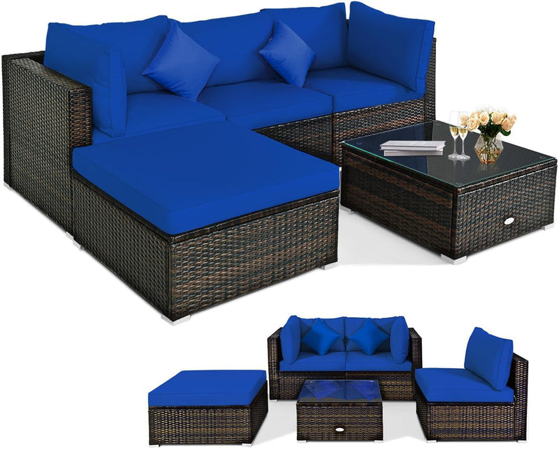 5 pieces of outdoor patio furniture, L-shaped rattan three-seater sofa with tempered glass coffee table, footstool, 3 single chairs, rattan outdoor party set, suitable for backyard, porch, balcony, black version S7821