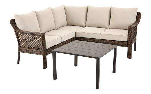 Bracebridge All-Weather Wicker Outdoor Patio Sectional with Woodgrain Steel Table Top, Brown, 3-pc X6277