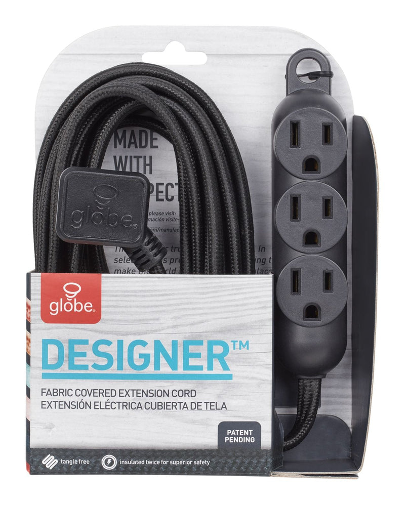12-ft 16/3 Fabric Extension Cord, Right Angle Plug, 3 Outlets, Black B1916