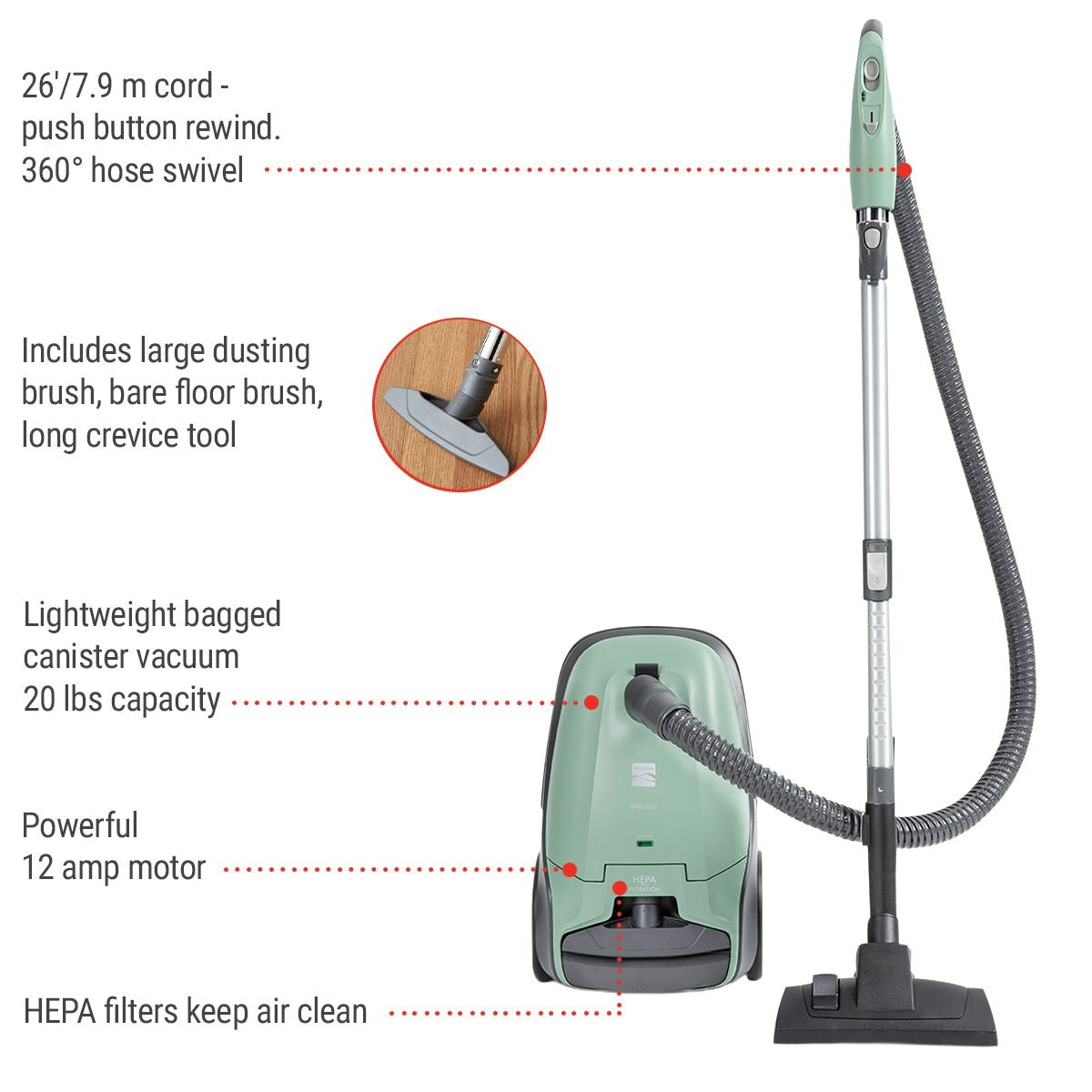 400 Series HEPA Multi-Surface Bagged Corded Canister Vacuum, 14-in, 12A