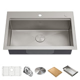 Kore Top/Undermount Stainless Steel Single Bowl Kitchen Sink with Add-Ons, 32x21x9-in