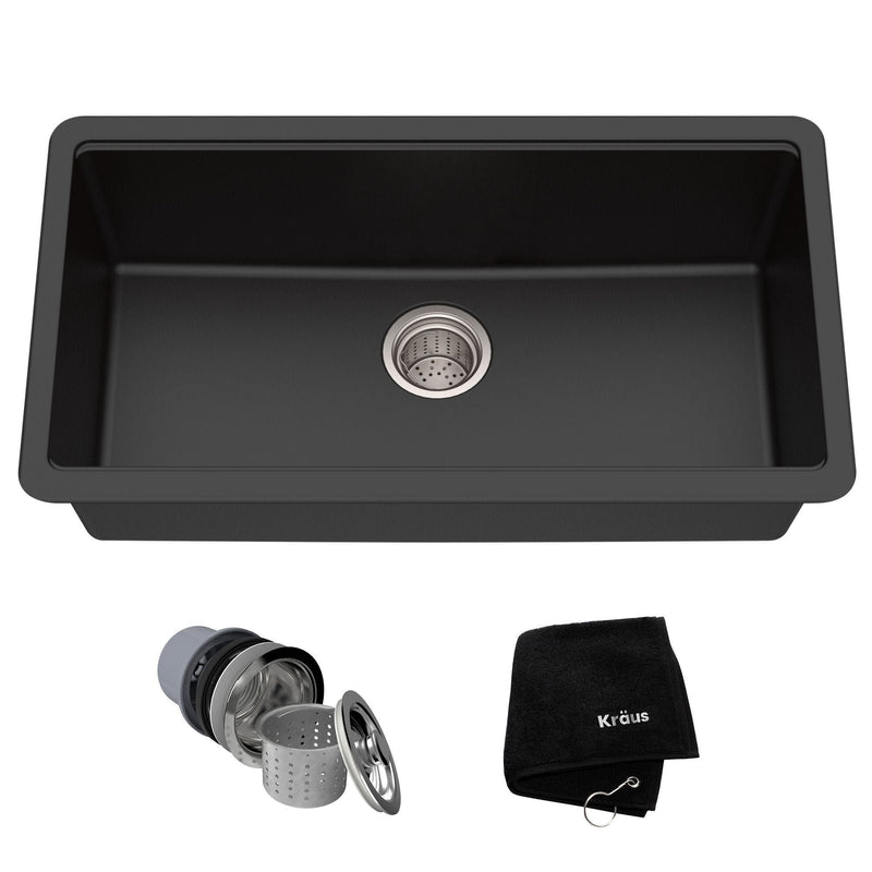 Quarza Undermount Granite Single Bowl Kitchen Sink, Black Onyx, 31x17x9-in B4846