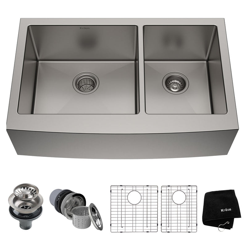 Standard PRO Apron Front Farmhouse Stainless Steel Double Bowl Kitchen Sink, 33x21x10-in Q8458