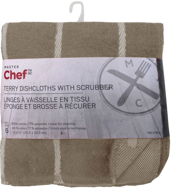Terry Cotton Checkered Dishcloths with Scrubber, 12-in x 12-in, 6-pk, Brown G0880