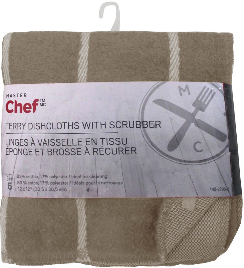 Terry Cotton Checkered Dishcloths with Scrubber, 12-in x 12-in, 6-pk, Brown G0880