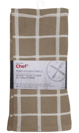 Terry Cotton Checkered Kitchen Towels, Reusable, 16-in x 26-in, 4-pk, Brown/White