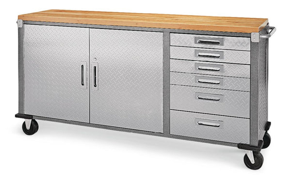 72" Diamond Series 2-Door, 6-Drawer Wooden Top Work Station with Wheels, 72 x 21-5/8 x 37-1/2-in B3789