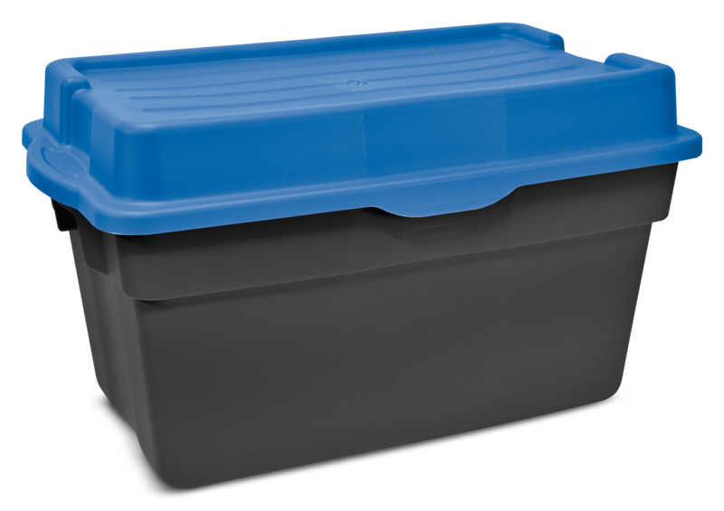 Heavy Duty Stackable Storage Box with Hinged Lid, 132-L, Black/Blue Q4430