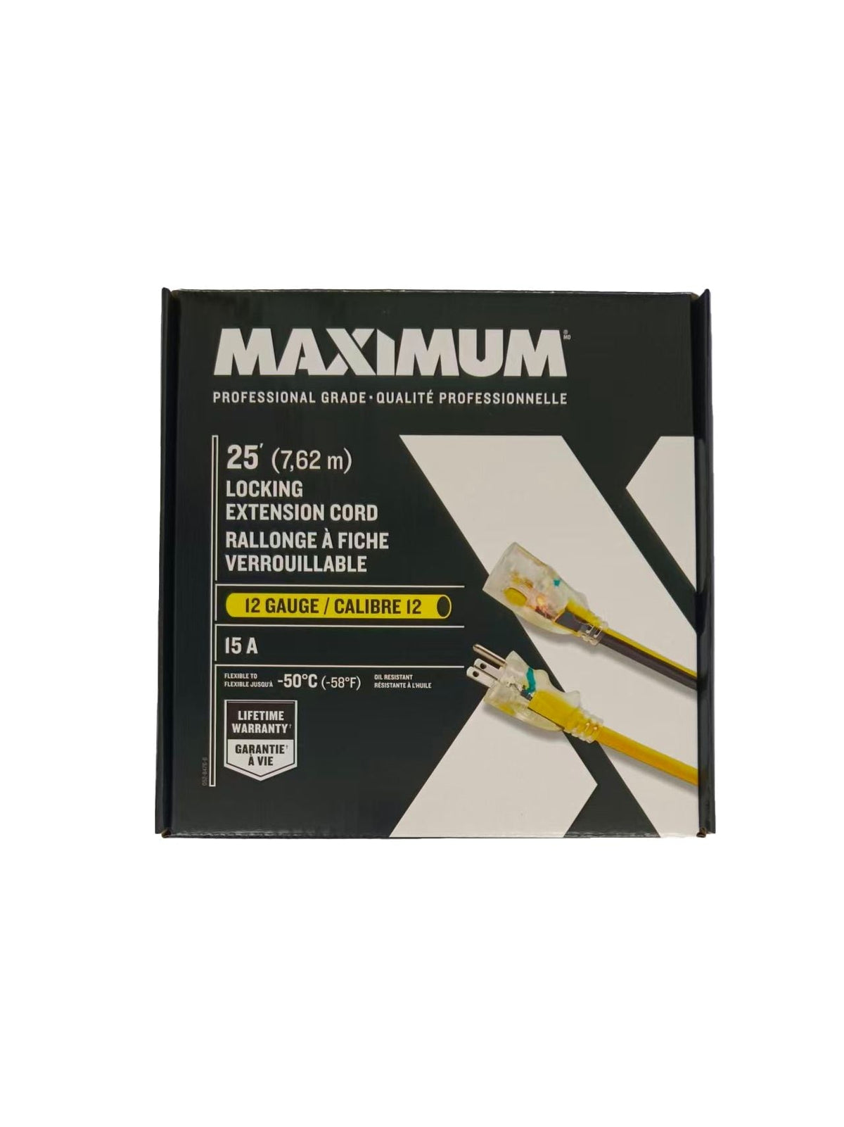 25-ft 12/3 Outdoor Extension Cord with Grounded Outlet, Lighted End and Locking Connector, Yellow/Black