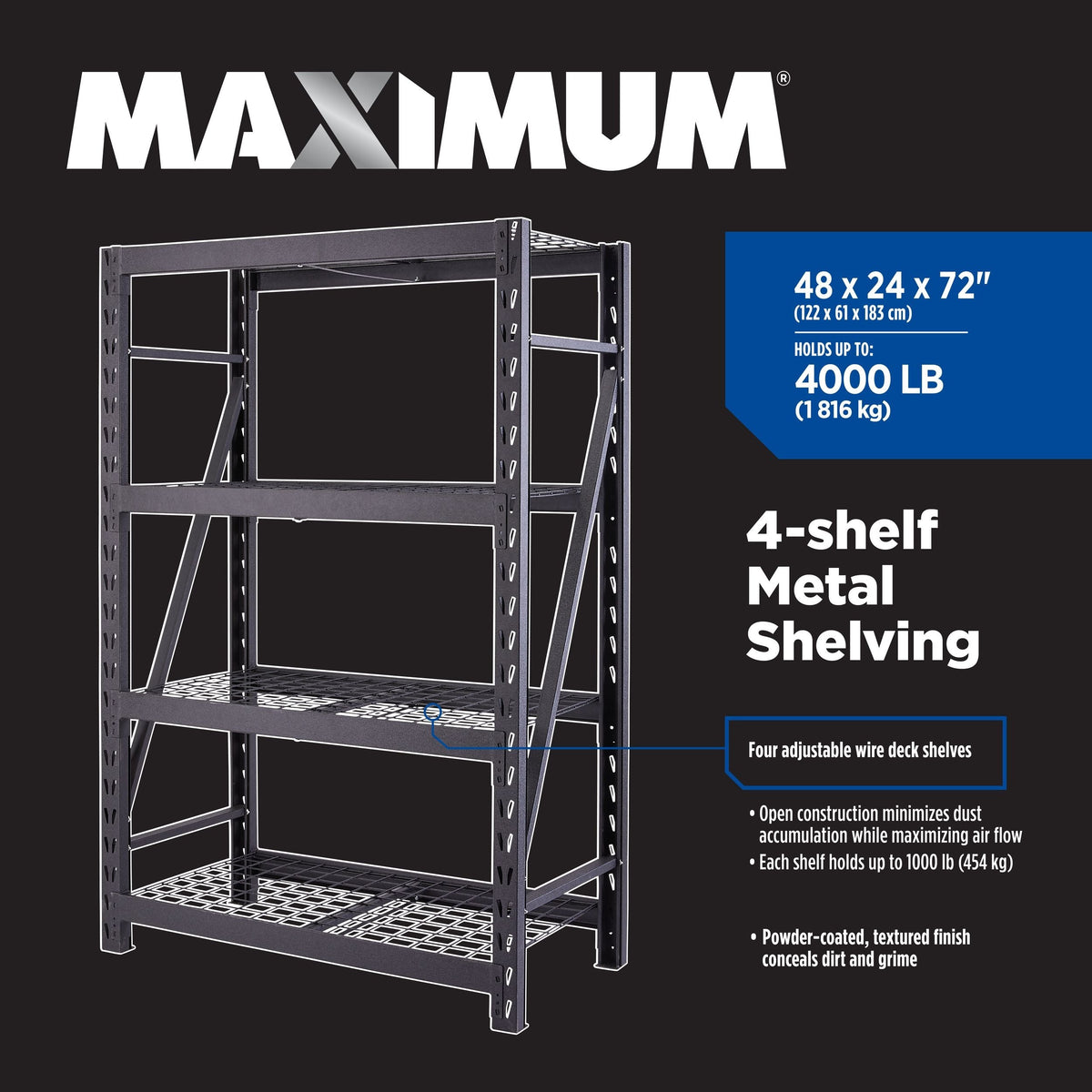 Adjustable 4-Shelf Heavy Duty Steel Metal Storage Rack / Shelving Unit, 48 x 24 x 72-in