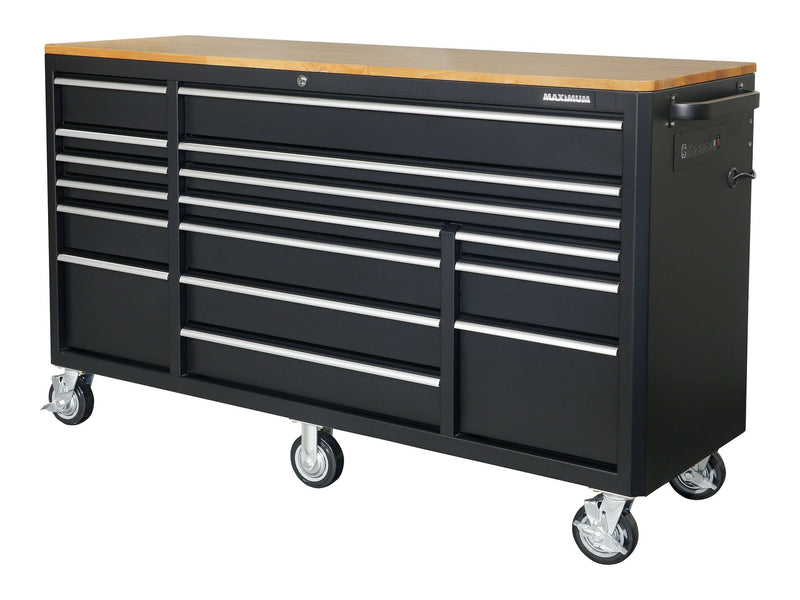 Tool Cabinet with Wood Top and 4-Outlet Power Strip, Black, 74x24-in H9810
