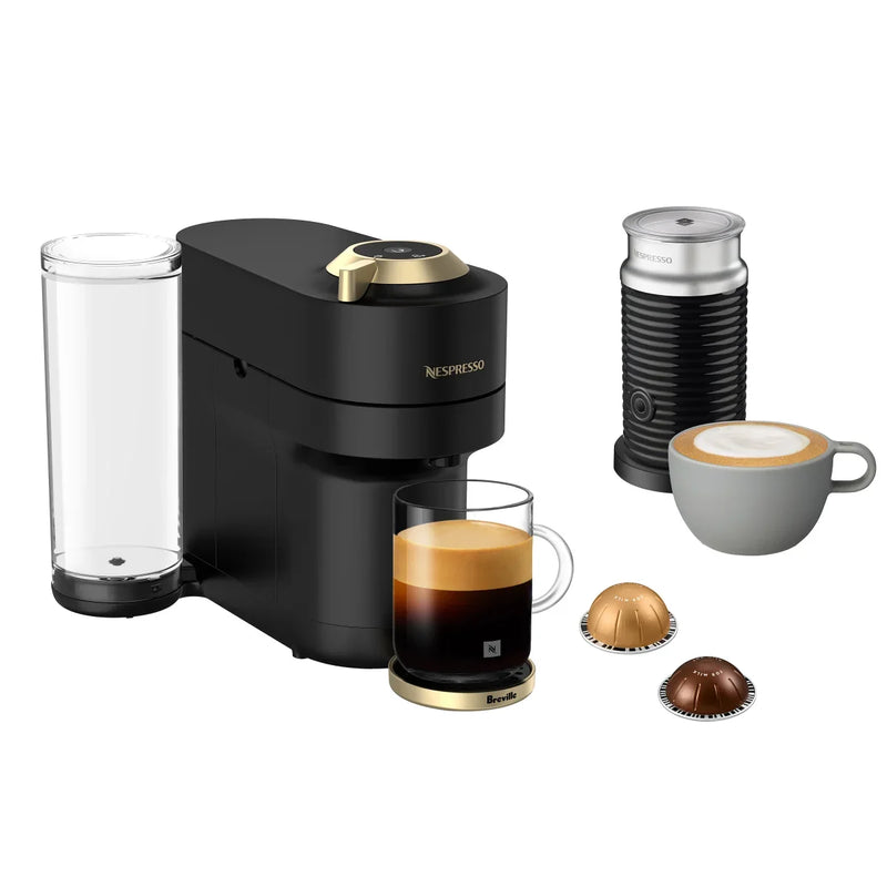 Vertuo Pop+ Deluxe Coffee and Espresso Machine by with Aeroccino with $25 Coffee Credit, Matte Black and Gold S5758