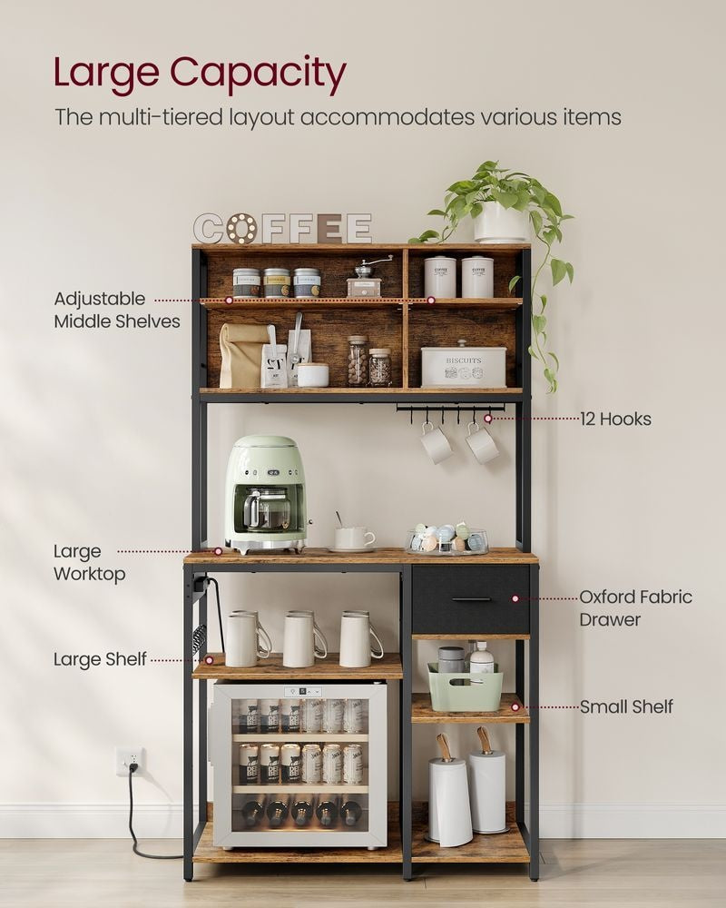 Home Brown Baker's Rack/Charging Station with Small Shelves V2268