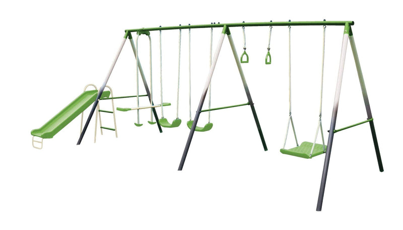 Outdoor 7-Station Metal Swing Set Combo with 2 Swings, Trapeze & More, Ages 3+ C9496