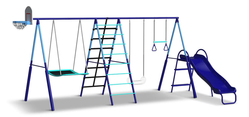Sunset Slam Kids' 7-Station LED Metal Swing Set Combo with Basketball Hoop & Slide V8490