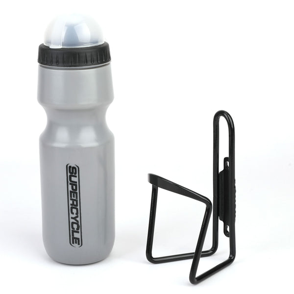 Wide Mouth Self-Sealing Bike Water Bottle withCage/Holder, BPA Free, Silver, 21-oz E1129