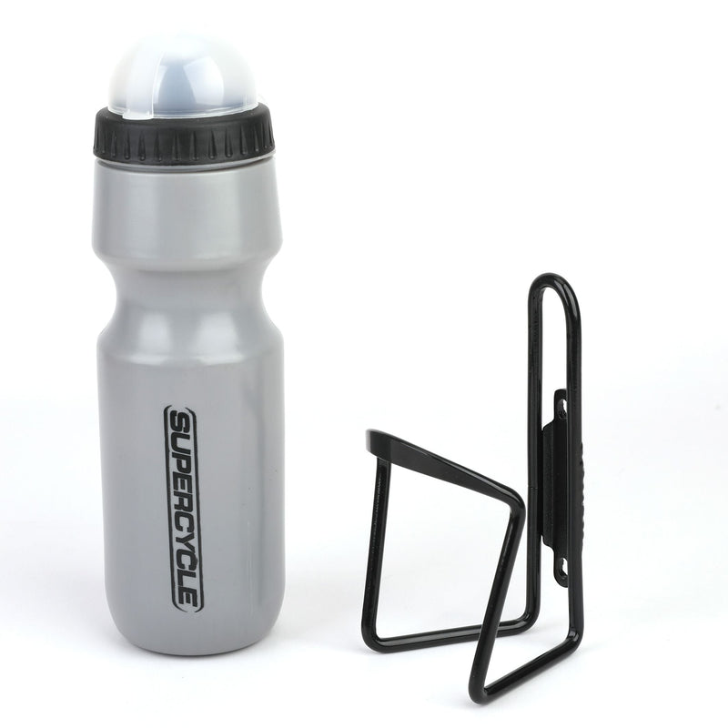 Wide Mouth Self-Sealing Bike Water Bottle withCage/Holder, BPA Free, Silver, 21-oz E1129