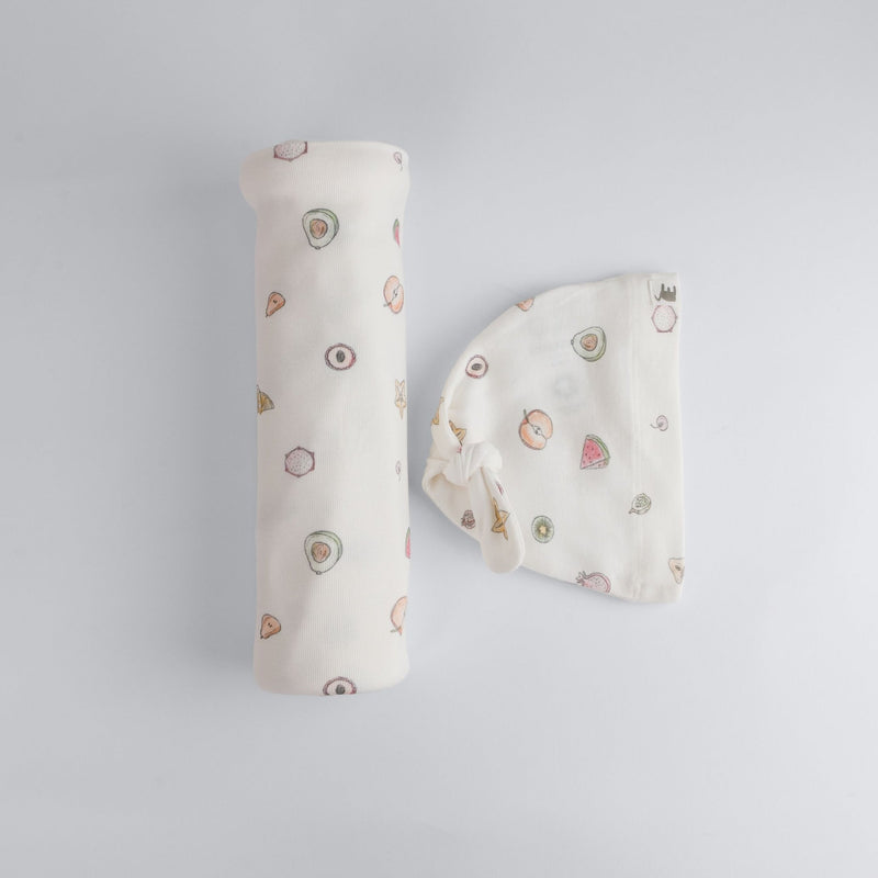 Fruit Print Premium Organic Cotton Blanket and Beanie Set P0316