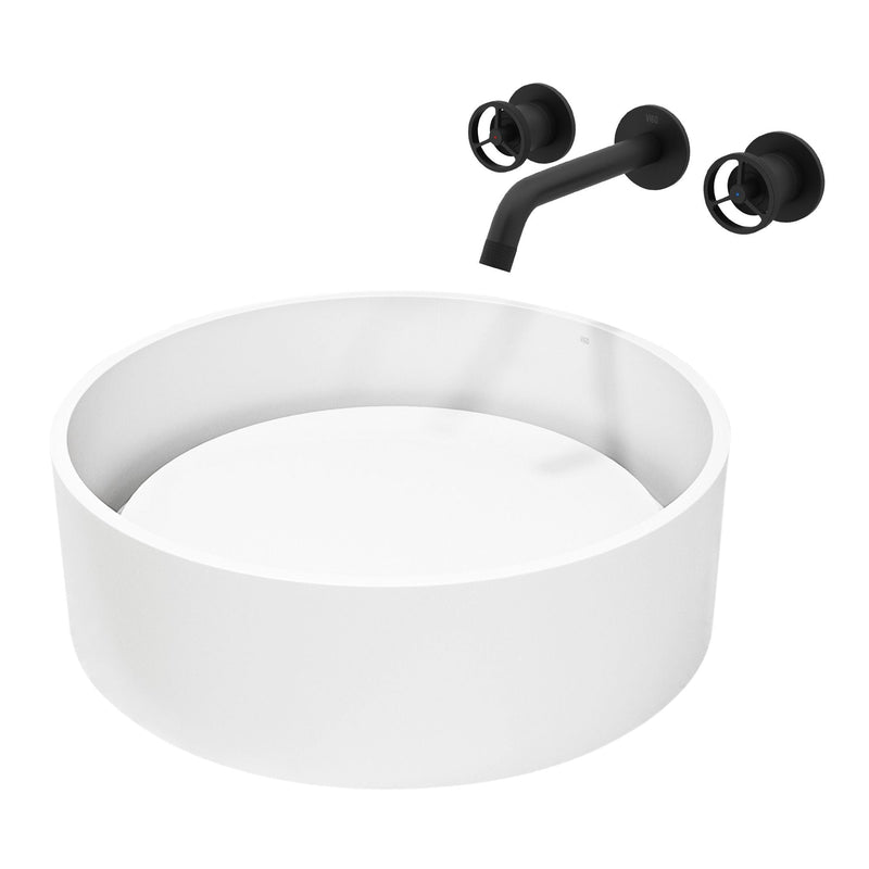 Anvil Round White Composite Bathroom Sink/Basin Set with Cass Wall Mount Faucet and Pop-Up Drain D9886