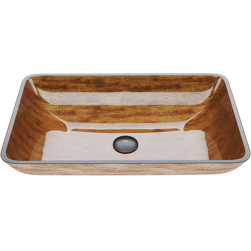 Glass Rectangular Vessel Bathroom Sink/Basin with Rounded Edges & Deep Bowl, Amber Sunset L681