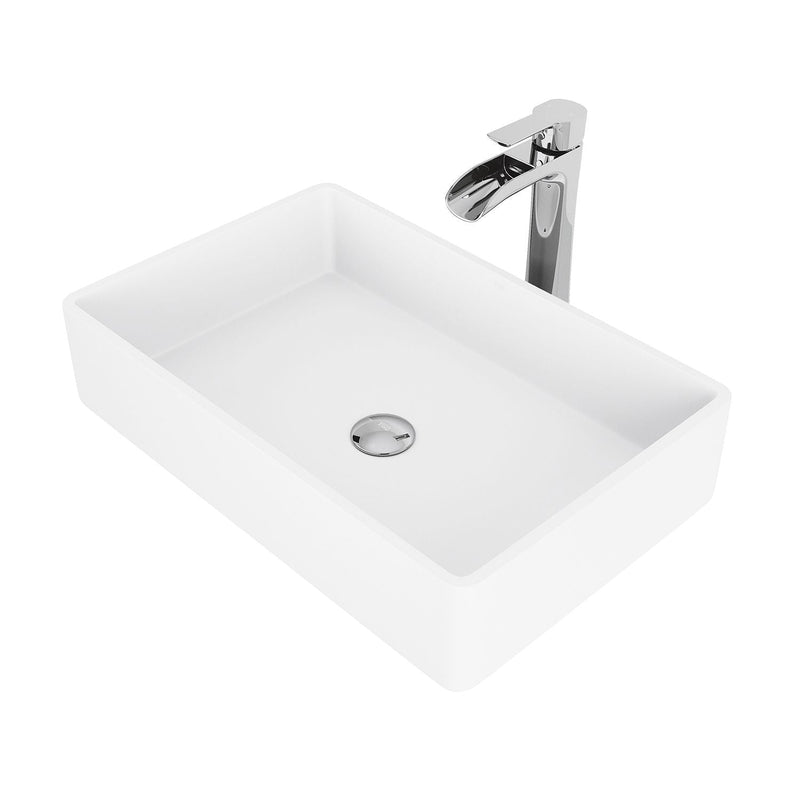 Magnolia White Bathroom Sink/Basin Set with Niko Faucet and Rectangular Composite Vessel T1091