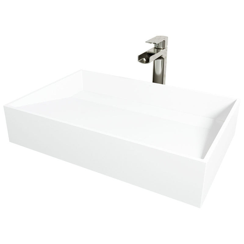 Starr Glass White Bathroom Sink/Basin Set with Amada Faucet and Rectangular Composite Vessel J9499