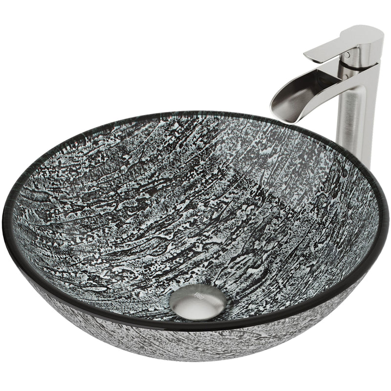 Titanium Glass Slate Grey Bathroom Sink/Basin Set with Niko Faucet and Round Vessel G0135